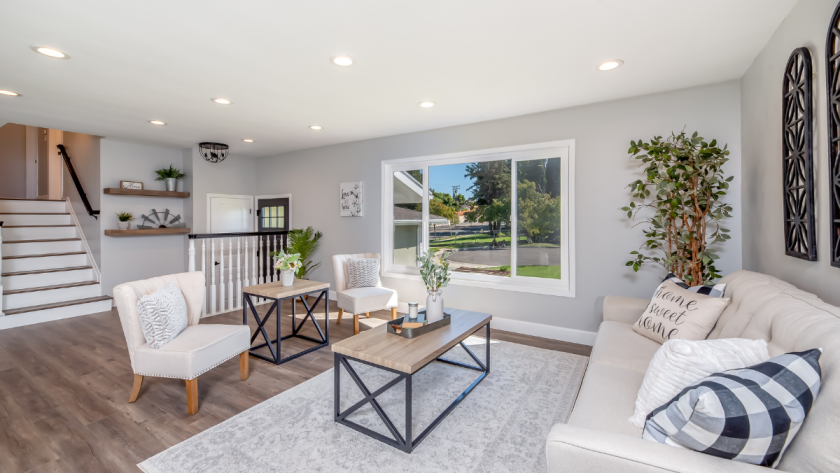A beautifully remodeled living room with indoor plants and modern decor